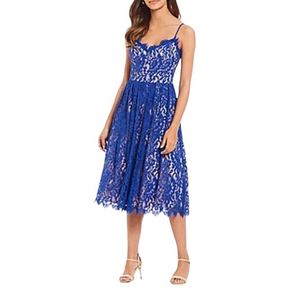 Eliza J Lace Cobalt Blue Illusion Dress Women's Sz 10 Pockets Adjustable NWOT - Picture 1 of 16
